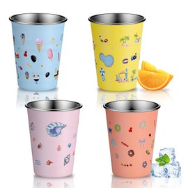 TranRantic 4 Pcs Stainless Steel Kids Cups, 12oz/350ml Kids Drinking Cups with Fun Cartoon Prints for Boys＆Girls, Stackable Reusable Water Cups for Home, Camping, Travel (Blue Yellow Lilac Orange)