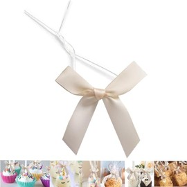 GUIFIER 50 PCS 3 Inches Ribbon Twist Tie Bows for Treat Bags, Satin Bow Twist Ties, Pretied Bows, Twist Bows, Tied Bows with Wire, Pre Tied Ribbon Bows for Baby Shower, Favors, Popcorn(Ivory White)
