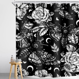 Homewelle Gothic Moth Skull Shower Curtain Mysterious Butterfly Flowers Plants Floral Retro Leaves Moon Night Sky Stars Black White 60Wx72H Inch Vintage Waterproof Polyester Fabric Bathroom Bathtub