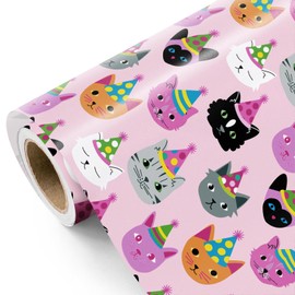 WRAPAHOLIC Kitty Cat Wrapping Paper - Mini Roll - 17 Inch x 16.5 Feet - Pink Birthday Wrapping Paper Perfect for Kids Girls, Baby Shower, Cat Lover