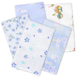 WKG Soft Gauze Tenugui, Set of 5, Made in Senshu, Japanese Pattern, Double Lined, Blue Type (Sakura 1, Sakura 2, Small Flowers, Japanese Rabbit (Blue) Owl (Green))