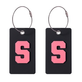 Ouksma 2 Pcs Silicone Luggage Tags with Glitter Initials, Travel Accessories for Suitcases, Backpacks, ID Tags for Men, Women, Business, Holiday Travel (Black/Pink, S)