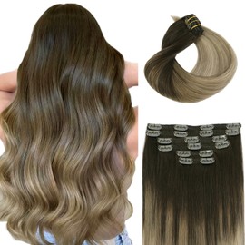 SAFIRENY Clip in Hair Extensions Real Human Hair 6pcs 100g 14 Inch Balayage Dark Brown To Dirty Blonde Double Drawn Clip in Hair Extensions Human Hair Extensions (#2/6/18, 14")