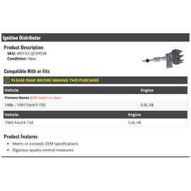Marketplace Auto Parts Ignition Distributor with Cap - Compatible with 1985-1991 Ford F-150 5.0L V8 (with Cast Iron Gear)
