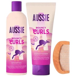 Bouncy Curls Aussie Shampoo & Conditioner Bundle with 1x Shampoo 300ml, 1x Conditioner 200ml, 1x Wooden Comb - Moisturising Haircare for Frizz Control Defined Curls Hydrating Shine Natural Nourishment