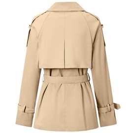 Women's Double Breasted Short Trench Coat with Belt, Khaki, X-Small