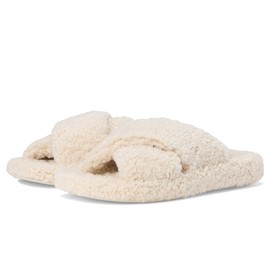 FitFlop Women's Iqushion D-Luxe Padded Teddy Cross Slides Wedge Sandal, Milk Ice, 6