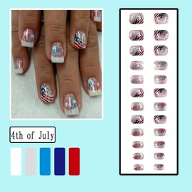 4th of July Press on Nails Short Square French Tip Press on Nails American Flag Fireworks Full Cover Stick on Nails Design Chrome False Nails Electroplating Artificial Nails for Women Acrylic Nails