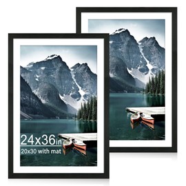 iRahmen 24x36 Frame Set of 2, Black Wood Frame, Display Poster 20x30 with Mat or 24 x 36 without Mat - Horizontal or Vertical Wall Mounting, Wall Hook Included