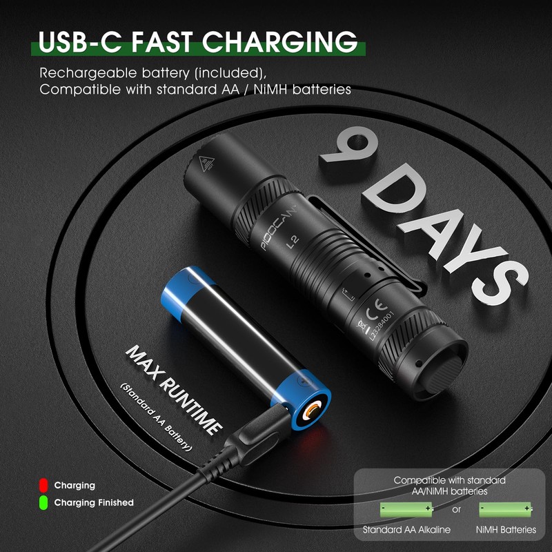 PIOOCAN Rechargeable Flashlights 1200 Lumens EDC Flashlight, AA Pocket Flashlight