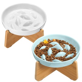 Funnymoom 2 Sets Ceramic Slow Feeder Cat Bowl with Stand Elevated Cat Food Bowl with Fish Pool Design Puppy Food Bowl Dry and Wet Food Pet Bowls for Cats and Small Dogs Healthy Eating Diet