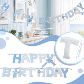 Pre-Strung Pastel Blue Felt Happy Birthday Banner 6.5 ft 3D Reusable Hanging Garland Birthday Sign Decoration for Baby Shower Party Decor Photo Prop Home Backdrop