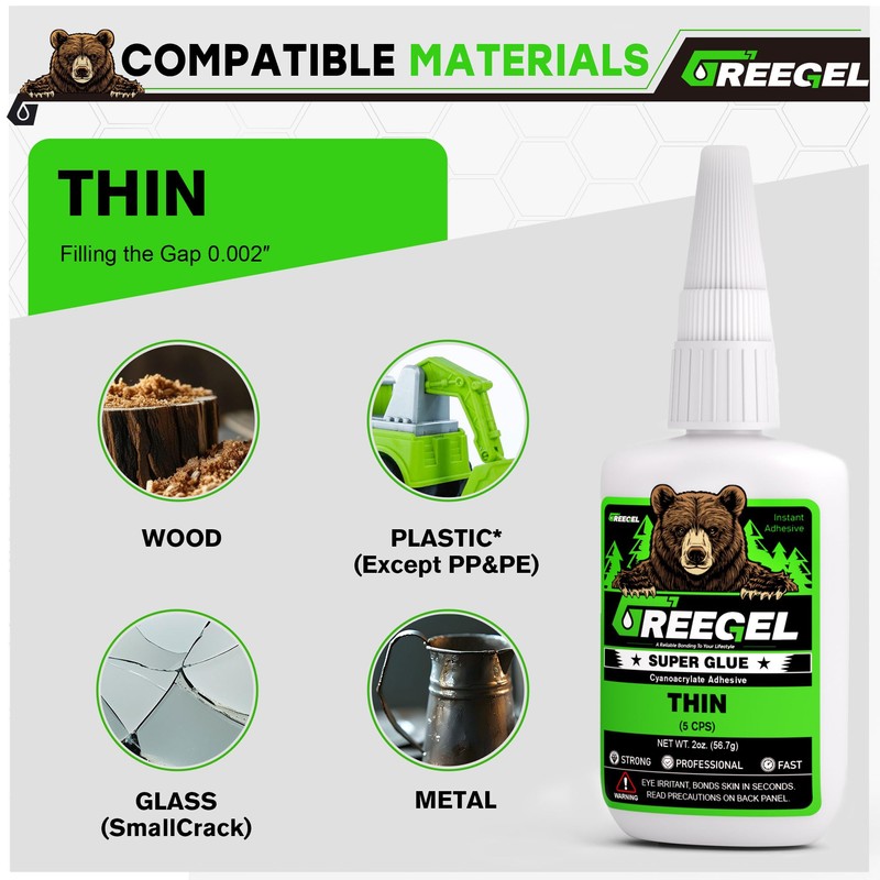 GREEGEL 4 Oz Thin Liquid Clear Super Glue + 3g