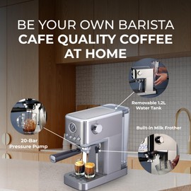 Epsilon Coffee Machine with Milk Frother, Compact 20-Bar Espresso Maker, Hot and Iced Coffee Maker with Removable Water Tank, Cold Brew Feature, and Steam Wand, 1.2L Capacity - Stainless Steel