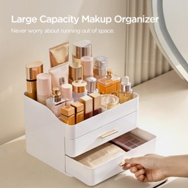 HBlife Makeup Organizer for Vanity with 2 Drawers, Large Bathroom Countertop Cosmetics Organizer Skin Care Storage, Easy to Store Lipsticks, Nail Polishes, Perfumes, Eyeshadow Palettes, All White