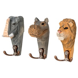 Wall Hooks Safari Family Animal Heads – Double Wooden Coat Hooks Set of 3 Hippo, Lion, Elephant, 12 x 7 cm