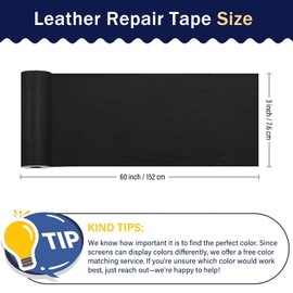 Zenyao Leather Repair Patch Tape - Self Adhesive Leather Repair Kit for Car Seat Furniture, Heavy Duty Vinyl Repair Patch for Couch Sofa, Waterproof for Rips Scratches Tears, 3x60 Inch Roll, Black