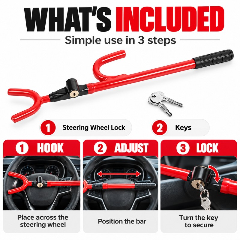 Telescopic Steering Wheel Lock for Vehicle Security – Adjustable U-Shaped