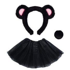 Ycfish 3 Pcs Plush Bear Ears Hairband Round Tail Tulle Skirt Set, Adjustable Animal Headband And Ballet Tutu Skirt, For Cosplay, Party, Performance, Costume Accessories Supplies (Black)