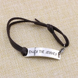 Yiyang Graduation Gift for Her Inspirational Leather Bracelet Minimalist Jewelry for Men Women Stainless Steel Bar Engraved Enjoy the Journey