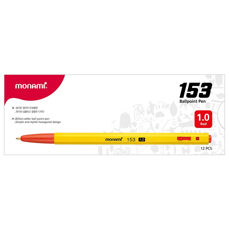 MONAMI BP 153 Retractable Ballpoint Pen, Medium Point (1.0mm), Red,
