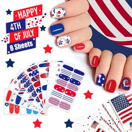 JERCLITY 112 Pieces 8 Sheets 4th of July Nail Wraps for Short Nails Independence Day Nail Polish Strips Patriotic American Flag Nail Strips Self-Adhesive Nail Stickers with Nail File for Memorial Day