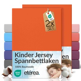 etérea Jersey Set of 2 Fitted Sheets, 60 x 120 cm - 70 x 140 cm Orange up to 15 cm Height, 100% Cotton Fitted Sheet, Oekotex, Double Pack, Flat Sheet, 60 x 120 cm - 70 x 140 cm - Terra