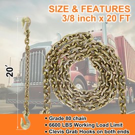 AAINHeavy Duty Chain 3/8" x 20" G80 Tow Chains with G70 Grab Hooks Log Chain for Logging Binder Tie Down Transport Flatbed Truck Trailer Safety Binder Chain-6,600 lbs Safe Working Load