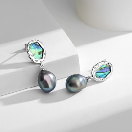 BAMIKI Black & White Freshwater Baroque Pearl Drop Dangle Earrings, Sterling Silver Abalone shell Stud Earrings for Women Jewelry