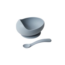 Konny Baby Bowl Microwaveable Silicone & Spoon Set, Self Feeding Essentials Baby Led Weaning Supplies -Grey Seed