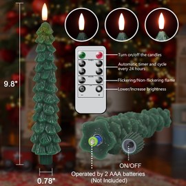 Lasumora Christmas Tree Candles with Remote Timer, 4 Pcs Waxy Flameless Taper Candles Flickering, Battery Operated LED Candlesticks with 3D Flame Wick, Green Window Candles for Home Fireplace Decor