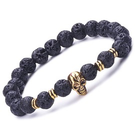 Infinite U Cool Unisex Womens Mens Skull Bracelet 9mm Beads Wrist Mala Alloy Lava Stone Stretch Bracelet, Therapy Yoga Meditation, Black-Gold
