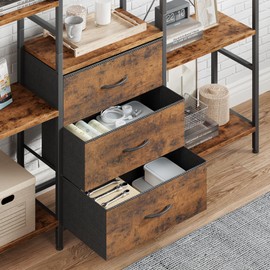 YAOHUOO Triple Bookshelf with 3 Fabric Drawers, 4 Tier Wide Bookcase with Open Display Shelves, Small Bookshelf with Storage for Home Office & Bedroom, Rustic Brown