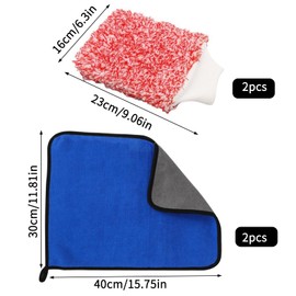 Yuiturt 4 Pcs Car Washing Kit, 2 Microfibre Cleaning Cloth Towels, 40x30cm，Dual-Sided Ultra Soft Car Cleaning Gloves Brush for Auto Care Washing Polishing Drying(with 2 Mitts