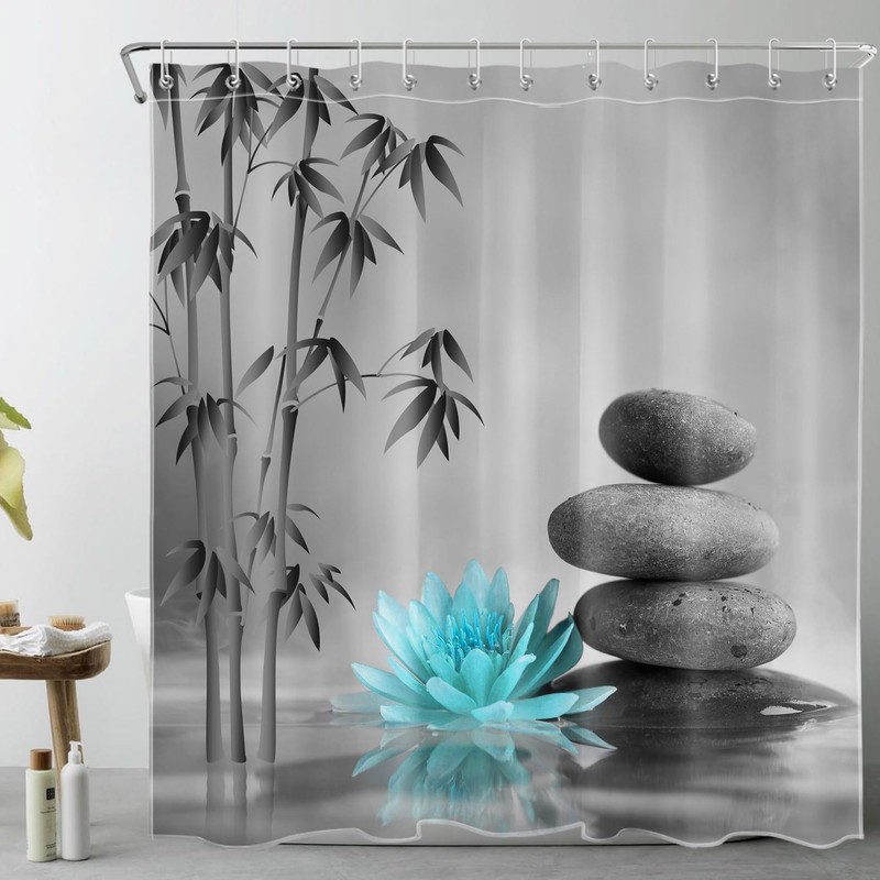 LB Zen Spa Shower Curtain Grey Bamboo Stone with Teal