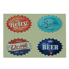 Lunarable 1950s Cutting Board, Retro Bottle Caps Design Beer Drink Soda Old Times Old Days Memories Fun Happy, Decorative Tempered Glass Cutting and Serving Board, Large Size, Multicolor