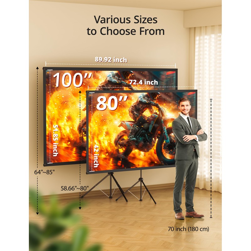 Projector Screen with Stand - 100" Indoor/Outdoor 16:9, 4K HD