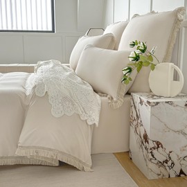 Amolavet Bed Linen 135 x 200 cm Winter 2-Piece Set Beige Boho Tassels Design Brushed Microfibre Winter Bed Linen 135 x 200 cm Duvet Cover 135 x 200 cm + Pillowcase 80 x 80 cm with Zip for Single Bed