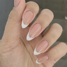 Almond False Nails - 24Pcs French Tip False Nail - Nude Almond Press on Nails - Medium Length Glossy Full Cover Glue on Nails - DIY Arts for Women (White French Style)