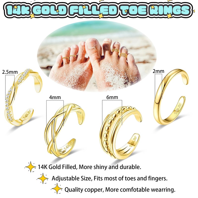 LOFITOR 4PCS Toe Rings for Women Gold Adjustable 14K Gold