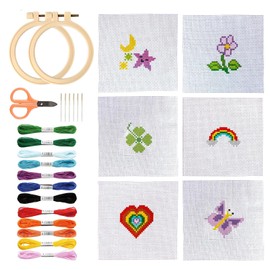 AWAVM Cross Stitch Beginner Kit for Kids 7-13, Includes 6 Project Patterned and 2pcs Embroidery Hoops Kits, 12 Skeins, Needle Point Starter Kit Sewing Set with Instructions for Adults Beginners