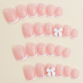 24Pcs Square Press on Nails White French Tips Short Fake Nails with Bow Charms 3D French Press on False Nails Glossy Pink Acrylic Nails Square Shape Artificial Nails Stick on Nails for Women Manicure