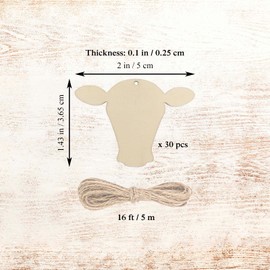 30pcs Mini Cow Head Wood DIY Crafts Cutouts Wooden Little Cow Head Shaped Hanging Ornaments with Hole Hemp Ropes Wood Tags for Baby Shower Wedding Birthday Christmas Party Farmhouse Decorations