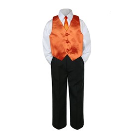 4pc Formal Baby Teen Boy Orange Vest Necktie Set Black Pants Suit S-14 (L:(12-18 months))