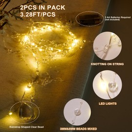 Iridescent Bead String with Fairy Lights Battery Operated, 3-8mm Artificial Crystal Beads Chain Short LED String Lights Mixed, DIY Crafts Wedding Party Garland Centerpiece(3.28ft/Set, 2 Set)
