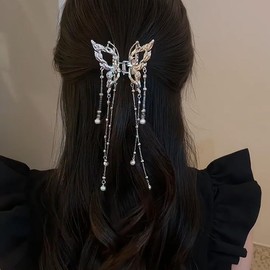 Metal Butterfly Hair Claw Clips with Tassel Hollow Butterfly Hair Clips Sparkling Fluttering Chain Tassel Nonslip Claw for Women Daily Hair Accessories