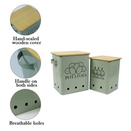 Xbopetda Potato Onion Storage Bin, Kitchen Storage Canister Set of 2, Kitchen Pantry Organizer Tin - Vegetable Fresh Keeper with Aerating Tin Storage Holes & Wooden Lid (Grayish Green)
