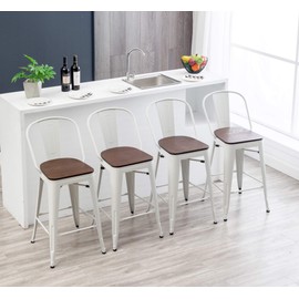 Haobo Home Metal Bar Stools Modern Industrial Counter Height Stools Dining Chairs (24", High Back White Wooden Seat)[Set of 4]