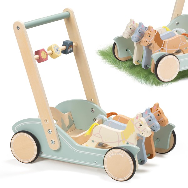 Giant bean Wooden Baby Walker for Boys and Girls, Galloping Ponies Push and Pull Learning Activity Walker, Baby Push Walker Toys Develops Motor Skills & Stimulates Creativity