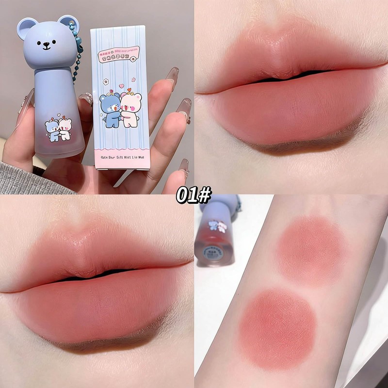 4Pcs Cute Bear Liquid Lipstick Set,Velvet Cream Red Long Lasting